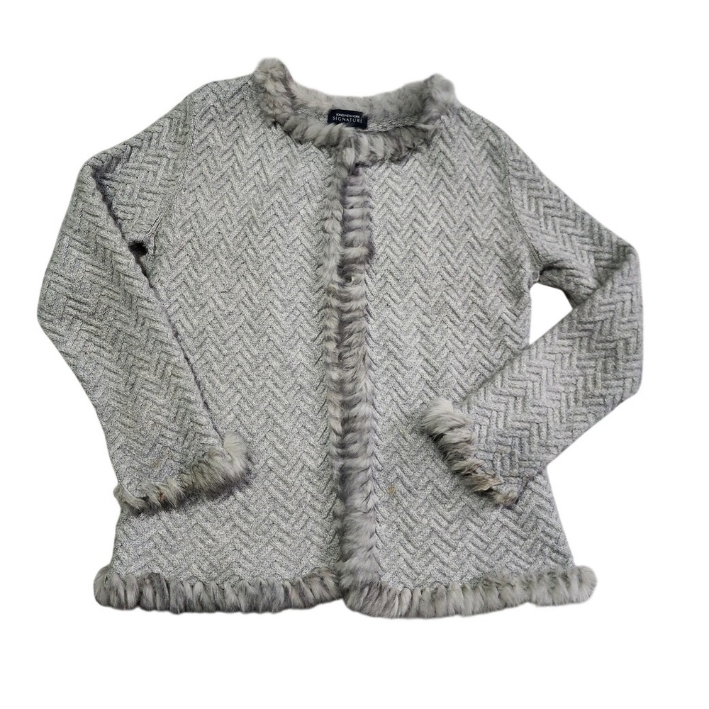 Jones New York Wool Angora Cardigan Sweater‎ Gray Fur Trim Chevron Open Preppy M